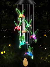 Wind Chimes Hummingbird Solar Outside Aluminum Tubes Garden/Patio Decor 25" Deep