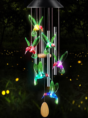 Carillon eolico colibrì solare esterno tubi alluminio decorazione giardino/patio profondità 25" - Foto 8 di 8