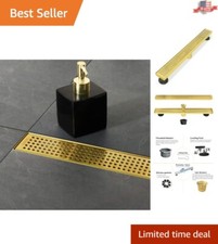 36-Inch Brushed Brass Linear Shower Drain - Removable Quadrato Pattern Grate