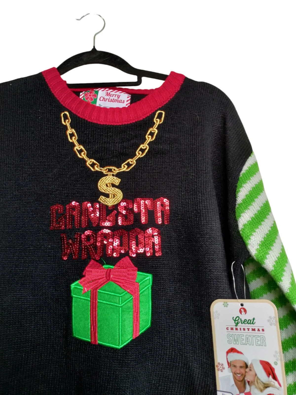 Ugly Christmas Sweater XL Gangsta Wrapper Sequin Knit NWT