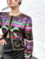 VTG Laurence Kazar Black Multi Silk Beaded Sequin Evening Jacket Blazer L