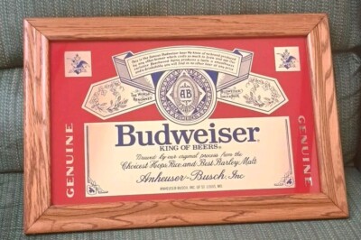 Vintage Budweiser King of Beers Framed Mirror Sign Bar Garage Man Cave Decor EUC