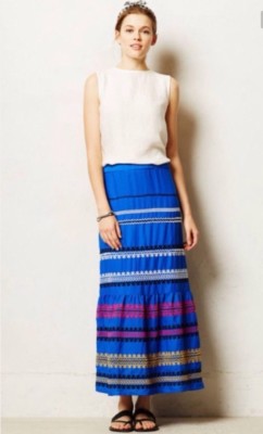 Anthropologie Vanessa Virginia Lapis Embroidered Blue Maxi Skirt Beaded Size 8