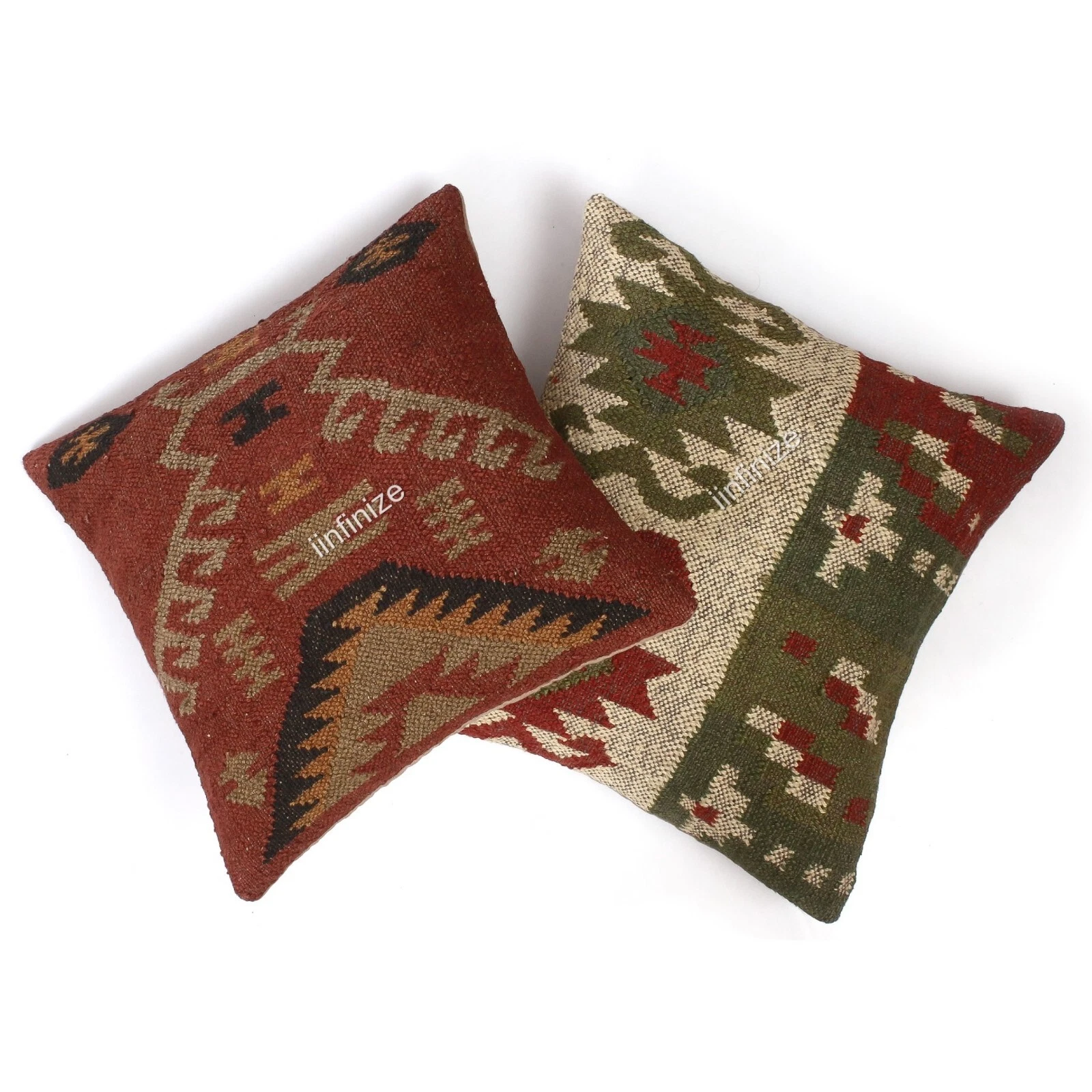 Artisan Wool Jute Kilim Cushion Cover Decorative Throw Pillow Sham 2 Pcs 18x18"