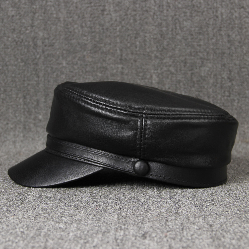 Genuine Sheepskin Leather Flat Top Wide Brim Student Hat