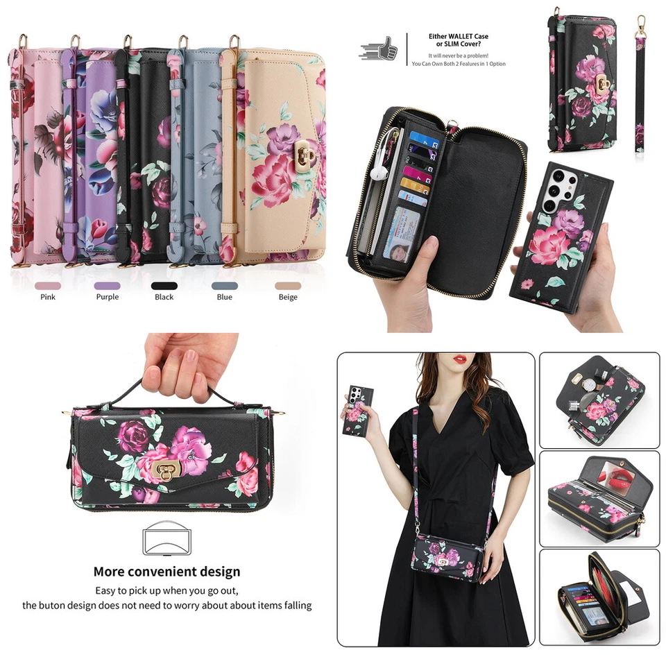 Flowery Handbag Wallet Removable Magnetic Case Cover For Samsung S22 S23 S24 - Image 3 of 4