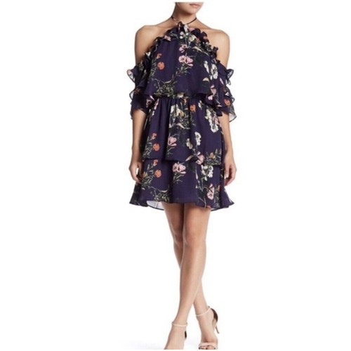 Anthropologie Parker Daphne Halter Dress Size Large Navy Blue Floral Ruffles NWT