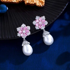 Beautiful Flower Drop Pearl Dangle Bridal Earrings Silver Plated Zircon Jewelry