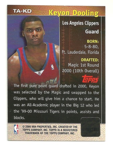 2000-2001 TOPPS BASKETBALL - KEYON DOOLING AUTOGRAPH - TA-KD - LA CLIPPERS - Picture 2 of 2