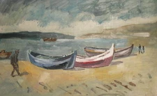 Vintage oil painting impressionist seascape landscape boats
