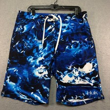 Huk Mens Mossy Oak Elements Hydro Blue Water Camo Board Shorts Size 37 Waist