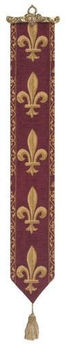 Fleur de Lys Red Belgian Medieval Woven Tapestry Bell Pull With Metal Topper - Picture 1 of 4