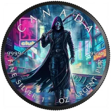 2023 Canada Maple Grim Reaper Cyberpunk 1oz Silver Blk Ruthenium & ColorizedCoin