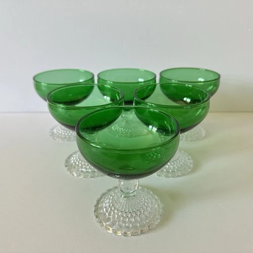 6 Vintage Anchor Hocking Emerald Green Bubble Foot Champagne Sherbet Glasses 4”