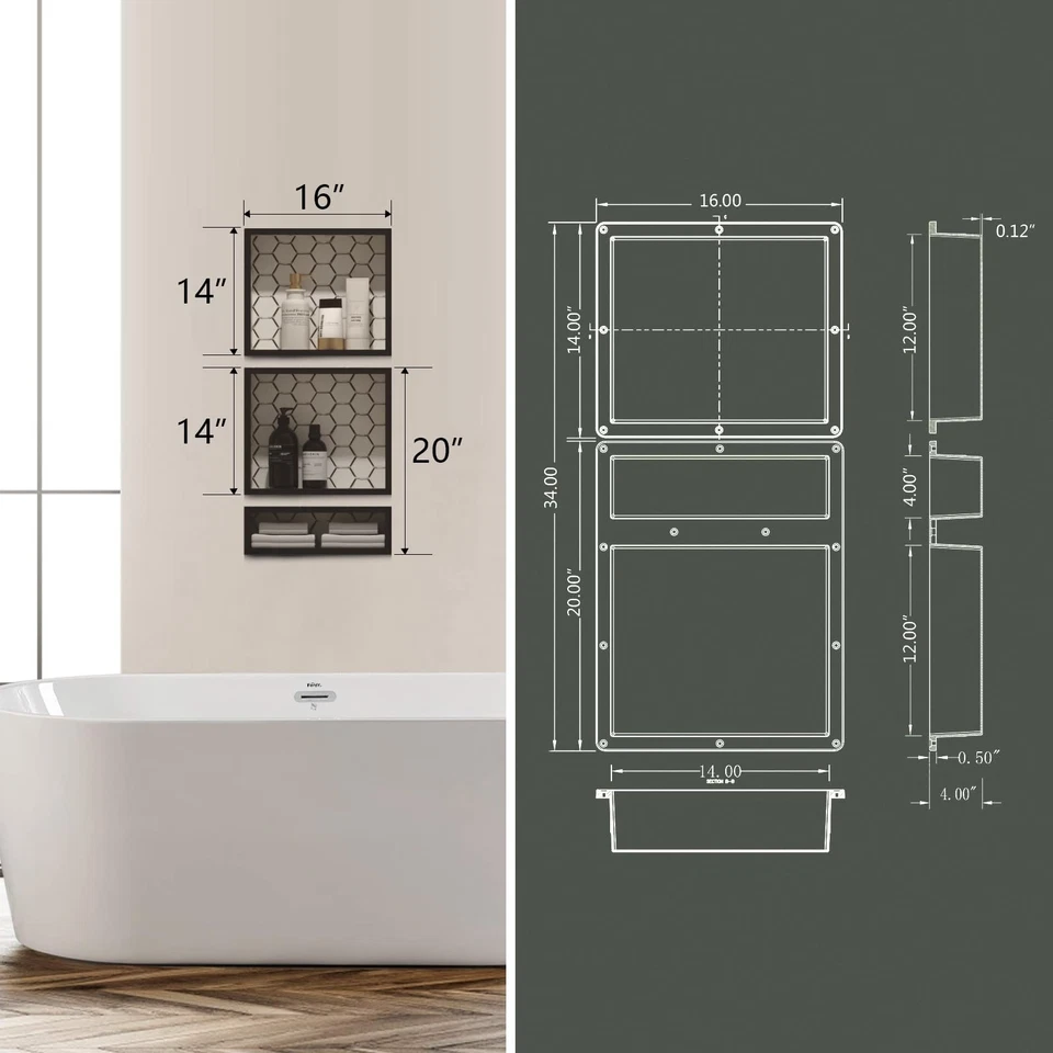 Shower Niche Ready for Tile 16"X34"(16"x14"+16"x20"), Set of Two Organizer,Du... - Изображение 4 из 4