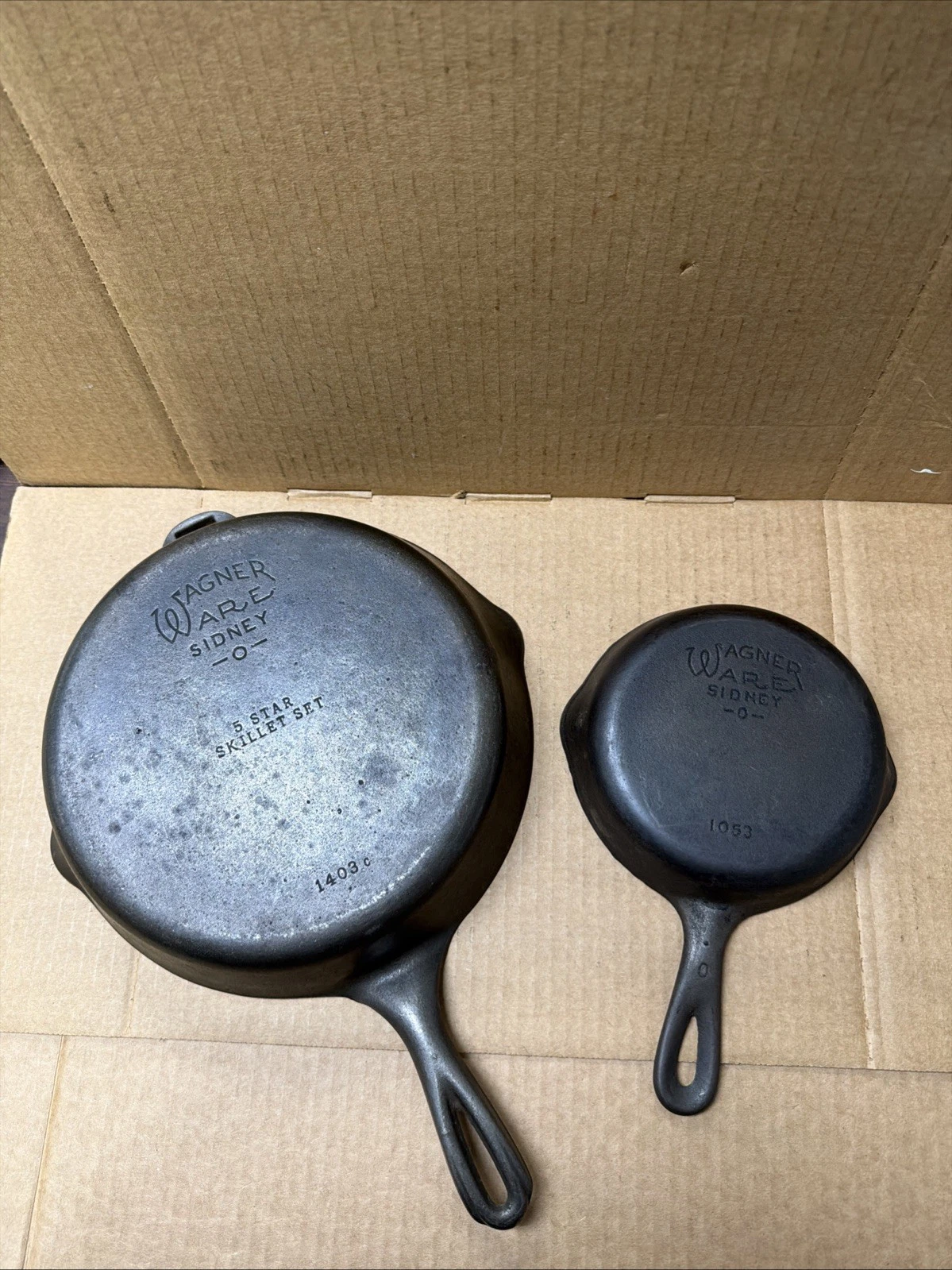 2- Wagner Ware Sidney O Cast Iron Skillets #1403c & #1053 Flat Bottom Crack Free