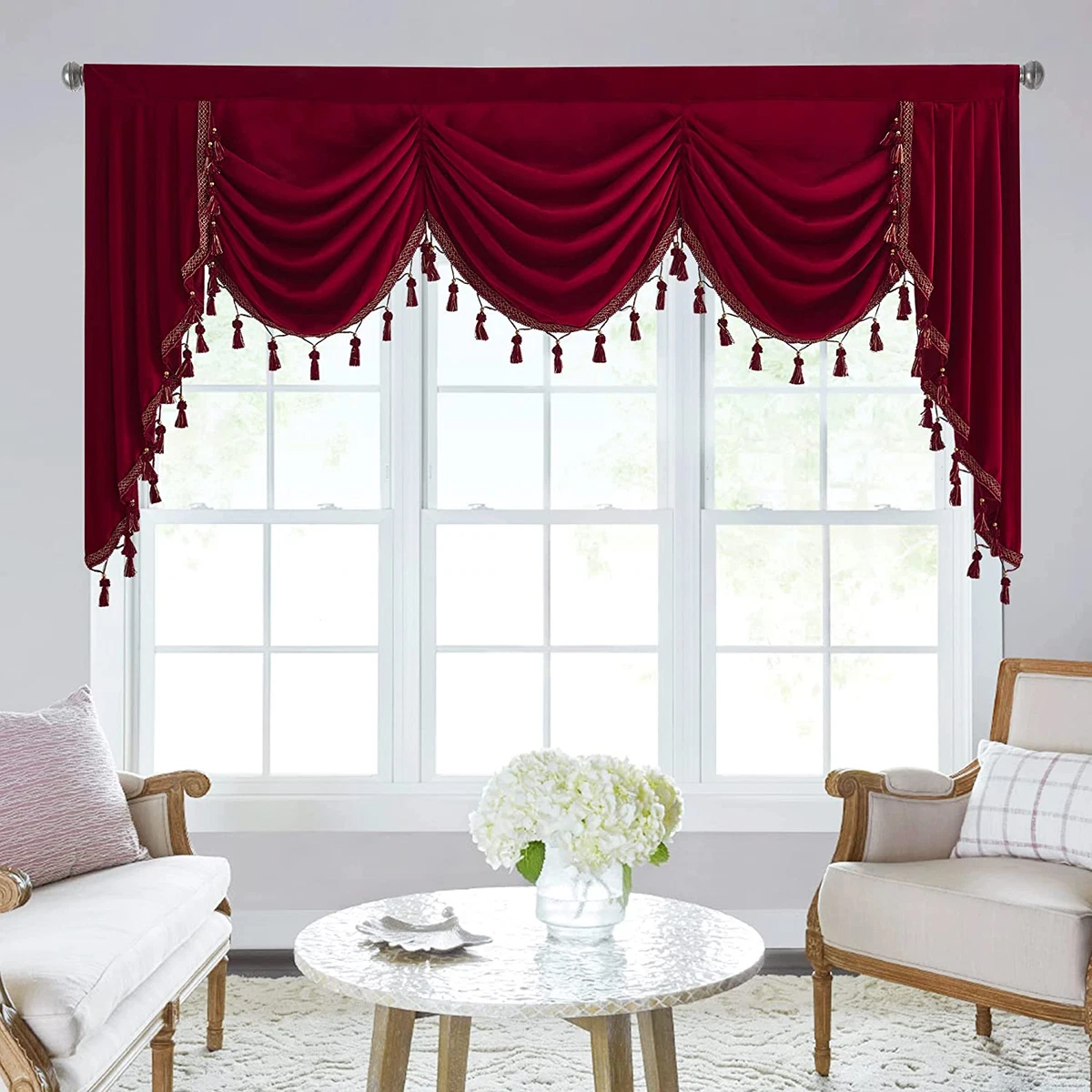 Theater Red Velvet Curtains - Luxury Waterfall Swag Valances Room Dark |  eBay