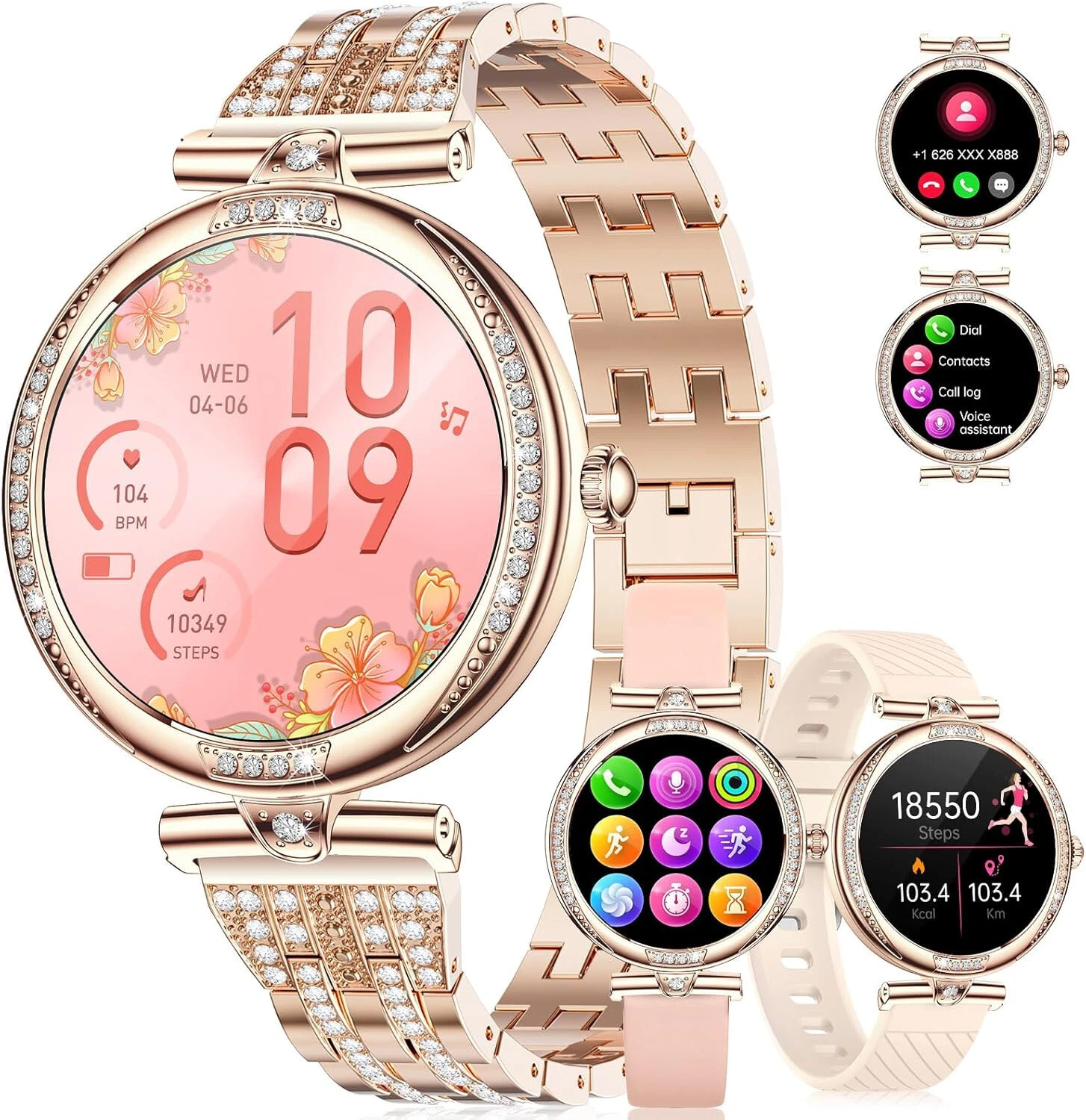 Smart Watch Women with Phone Function Diamond Sport Modes Waterproof Sleep Monitor
