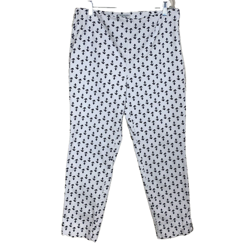 Charter Club Anchor Print Pants Womens 10 Off White Navy Nautical Classic Fit