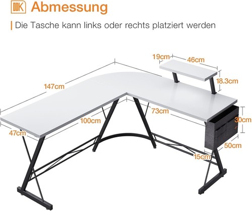 L-Form Gaming Schreibtisch 147x120cm – Schwarz/Weiß mit Monitorablage - Bild 3 von 6