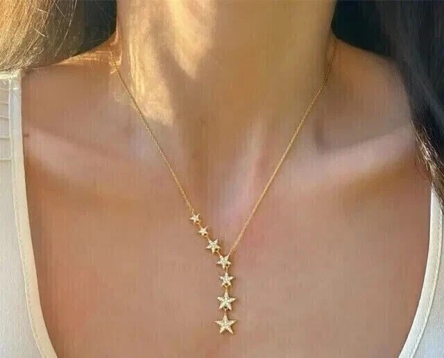 Collar redondo de 2,0 quilates con estrella de diamantes simulados enchapado en oro amarillo de 18"" 14K Foto 4 de 4