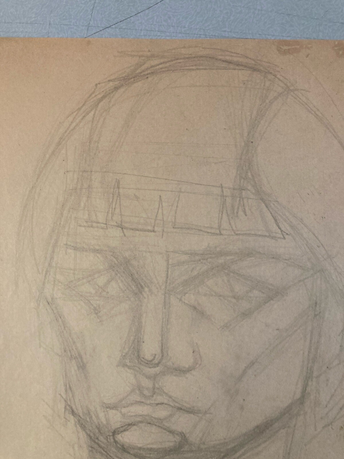 Antique 1950 Cubist Drawing Old Lead Mine Woman Art Cubism Head Bust Pencil