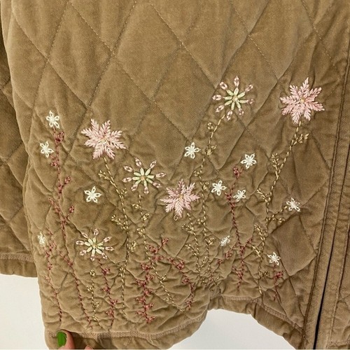 Vintage 90s Quilted Jacket WomenPlus Size 16 Tan Velvet Pink Embroidered Floral - Picture 7 of 12