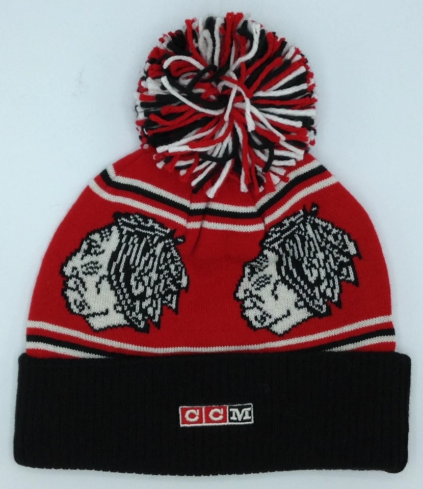 NHL Chicago Blackhawks CCM Vintage Cuffed Pom Winter Knit Hat Cap Beanie NEW! - Image 2 of 2