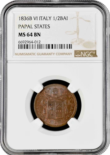 Papal States 1/2 baiocco 1836 B, NGC MS64 BN, "Gregory XVI (1831-1846)"TopPop1/0