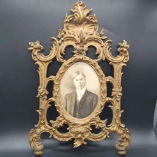 Antique French Rococo Baroque Ornate Brass Photo Frame Black And White Portrait