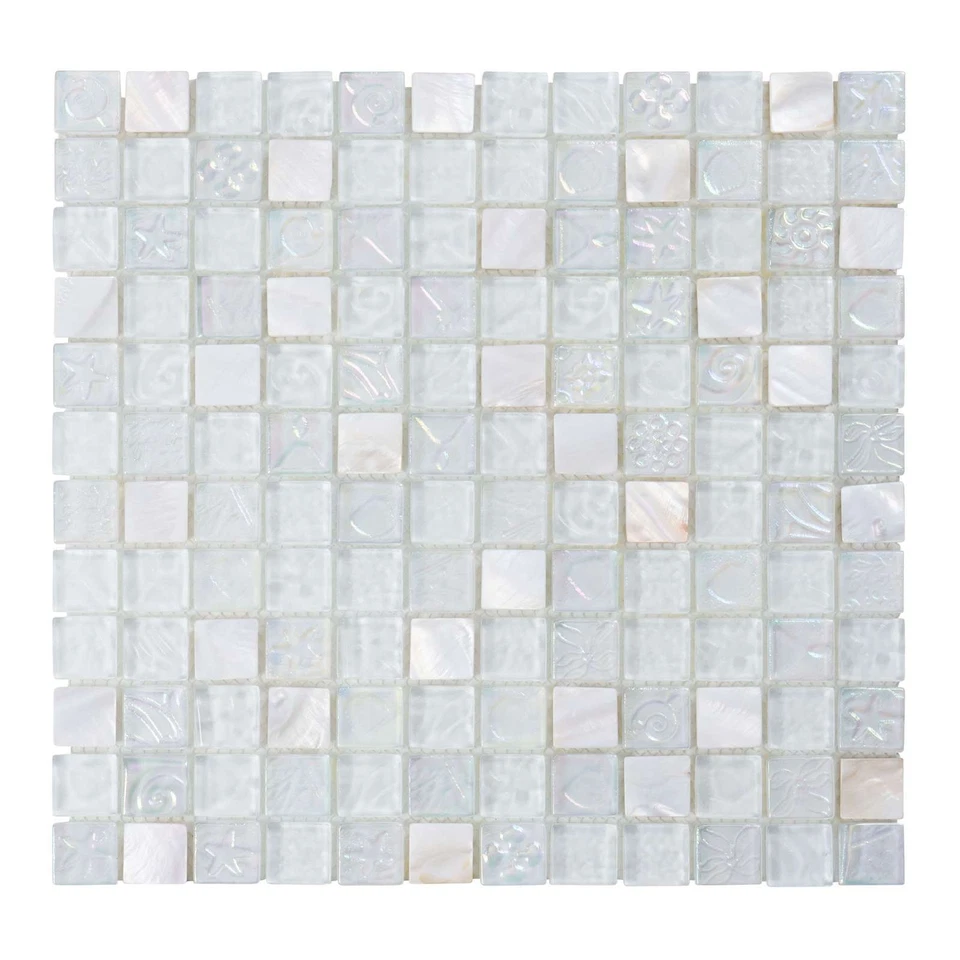 Azulejo de mosaico de vidrio iridiscente con concha de madreperla blanco para cocina baño salpicadero Foto 2 de 4