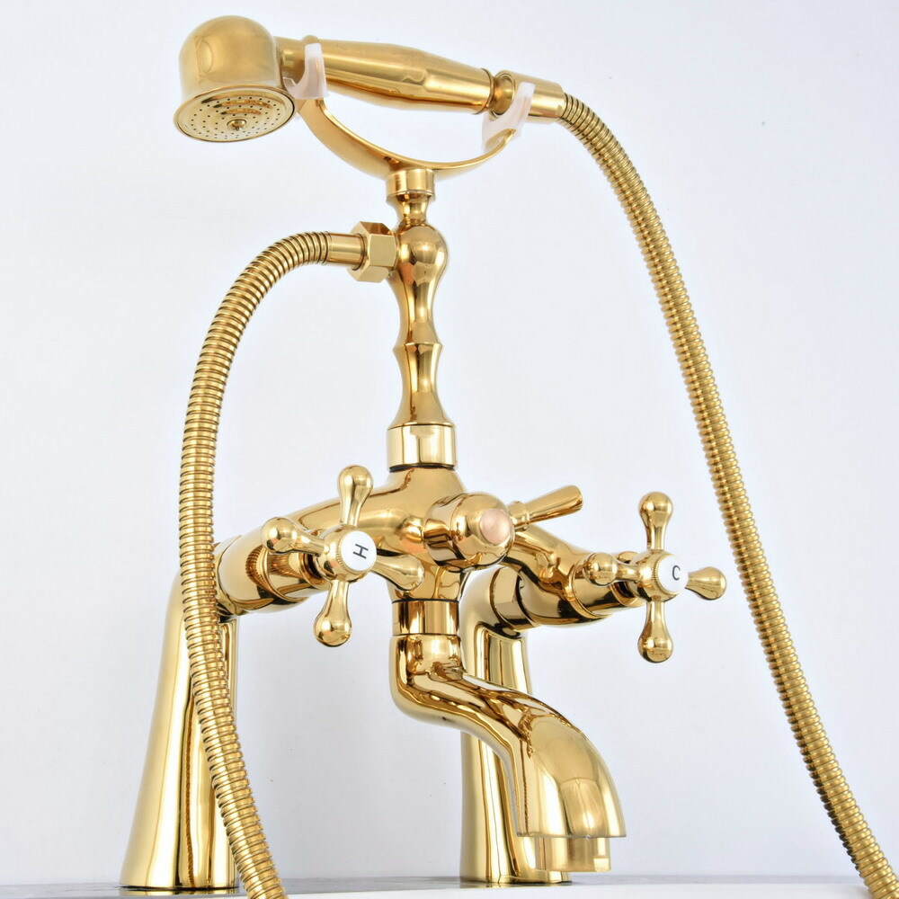 Gold Color Brass Deck Mounted Clawfoot Bath Tub Faucet With Handheld ...