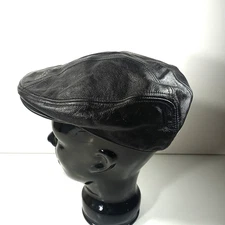 Harley Davidson Hat S Black Leather Cabbie Newsboy Cap Bar Shield