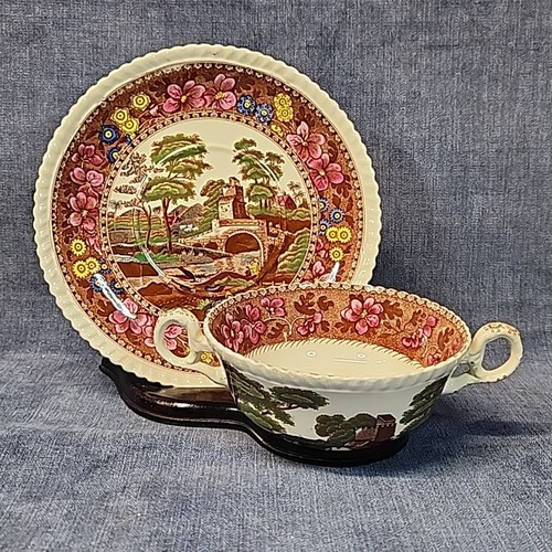 Copeland Spode Delft Cream Soup Bowl & Saucer Polychrome Spode Tower c 1896 s-2H - Picture 3 of 7