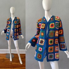 Vintage 70s Colorful Handknit Granny Square Hippie Boho Cardigan Sweater