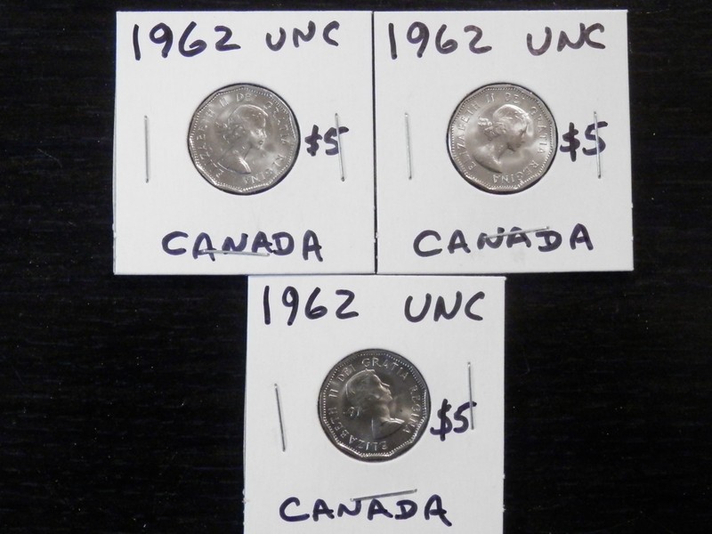 Nice Set of 3 uncirculated Five Cent Pieces From Canada All - 1962