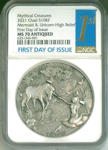 2021 Chad S10KF Mythical Creatures Mermaid & Unicorn HR FDOI NGC MS70 Antiqued