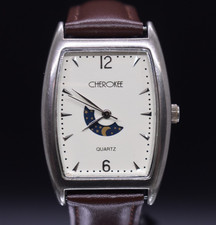 Vtg Cherokee Moon Phase Watch Tank Silver Tone Leather New Battery Band