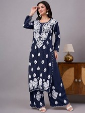 Navy Blue Modal Chikankari Kurti Palazzo Set, Ethnic wear