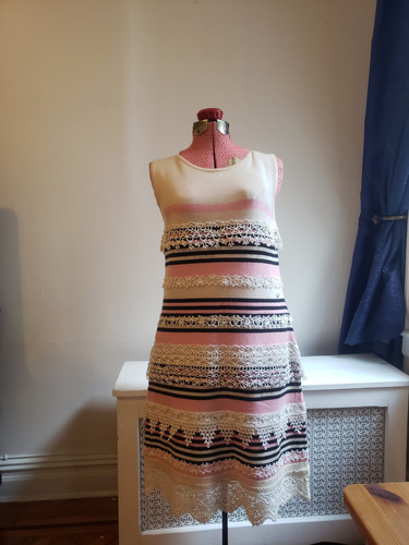 Chanel Ivory, Pink, Black Striped w/ Lace Applique Cashmere Dress Sz 46