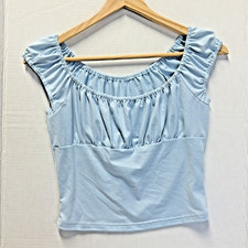 Off Shoulder Crop Shirt Womens Girls Size S Light Blue Ruched Cap Sleeve Stretch