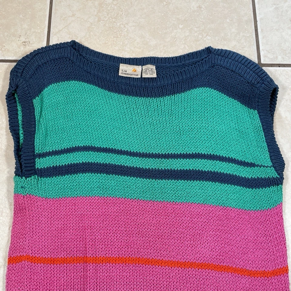 Chaleco Suéter Liz Claiborne Para Mujer Pequeño Algodón Rayas Multicolor Años 80 De Colección Foto 4 de 4