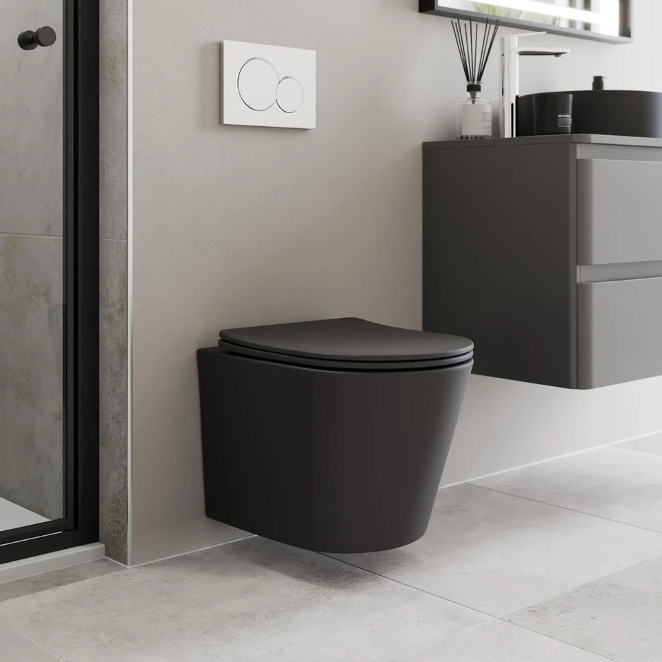 Wall Hung Black Rimless Toilet Pan Soft Close Seat Bathroom Modern