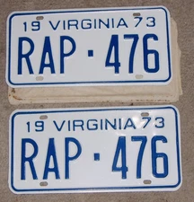 VINTAGE MATCHED PAIR 1973 VIRGINIA LICENSE PLATES-RAP476-NOS- MINT- DMV  CLEAR