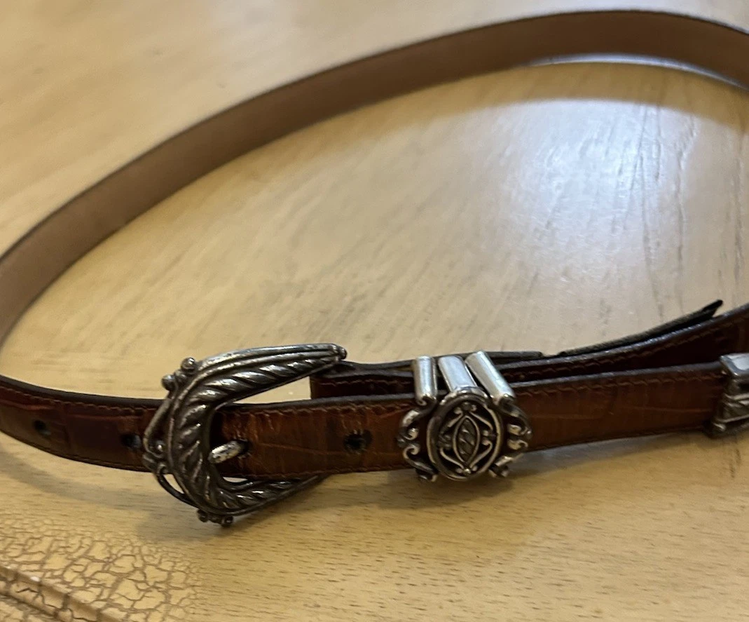 VTG Leather Embossed Animal Print Western Boho Belt Silver Buckle Womens Brown Brn Leather Western Boho Belt Embossed Animal Print No  main image 2