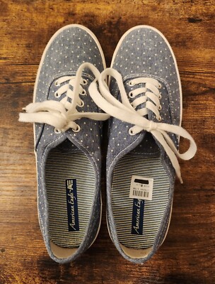 NEW AMERICAN EAGLE Denim Blue White Polka Dot Shoes Size