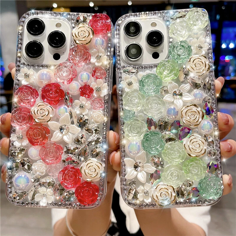 Funda para iPhone 14 Pro Max 13 12 11 XS XR 3D Brillante Cristal Perla Flor Foto 4 de 4