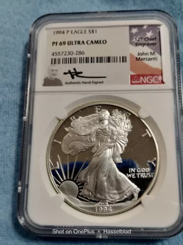 1994-P Mercanti Signed Silver Eagle NGC PR69  Ultra  Cameo Proof LOW Mintage