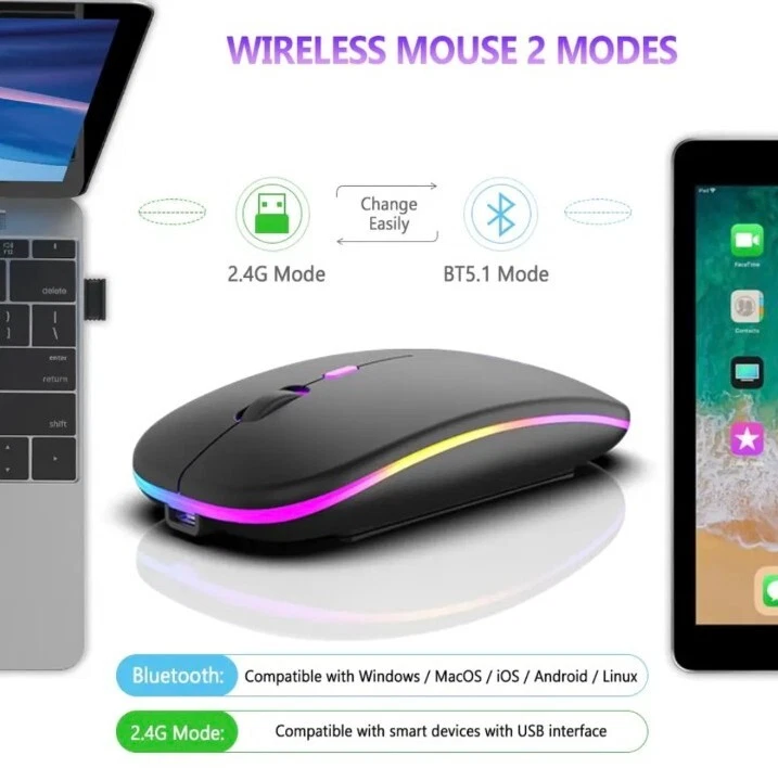 Wireless Mouse With RGB Slim Profile Silent Mouse 3 Dpi Levels Colored Lights - Image 3 of 4