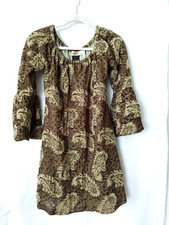 Urban Mangoz Tunic Dress On/Off Shoulder Bell Sleeve Brown Tan Paisley S #13738